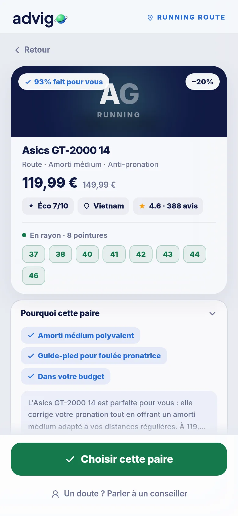 La recommandation : l'Asics GT-2000 14, son prix et les pointures en rayon.