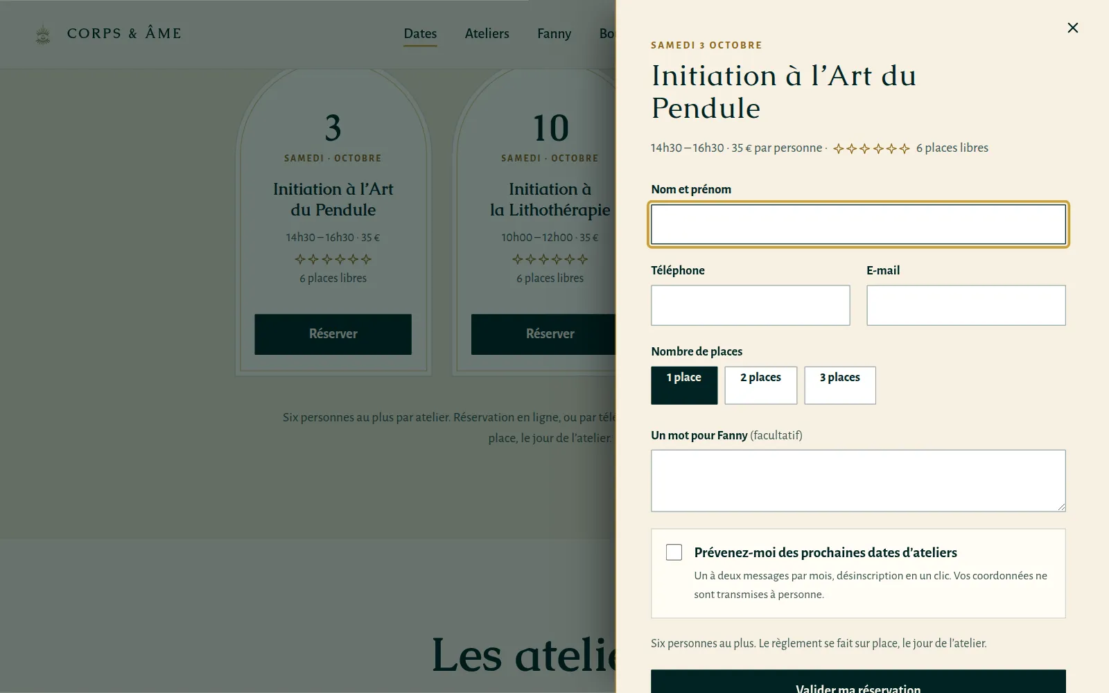 La réservation d'un atelier : nom, téléphone, e-mail et nombre de places.