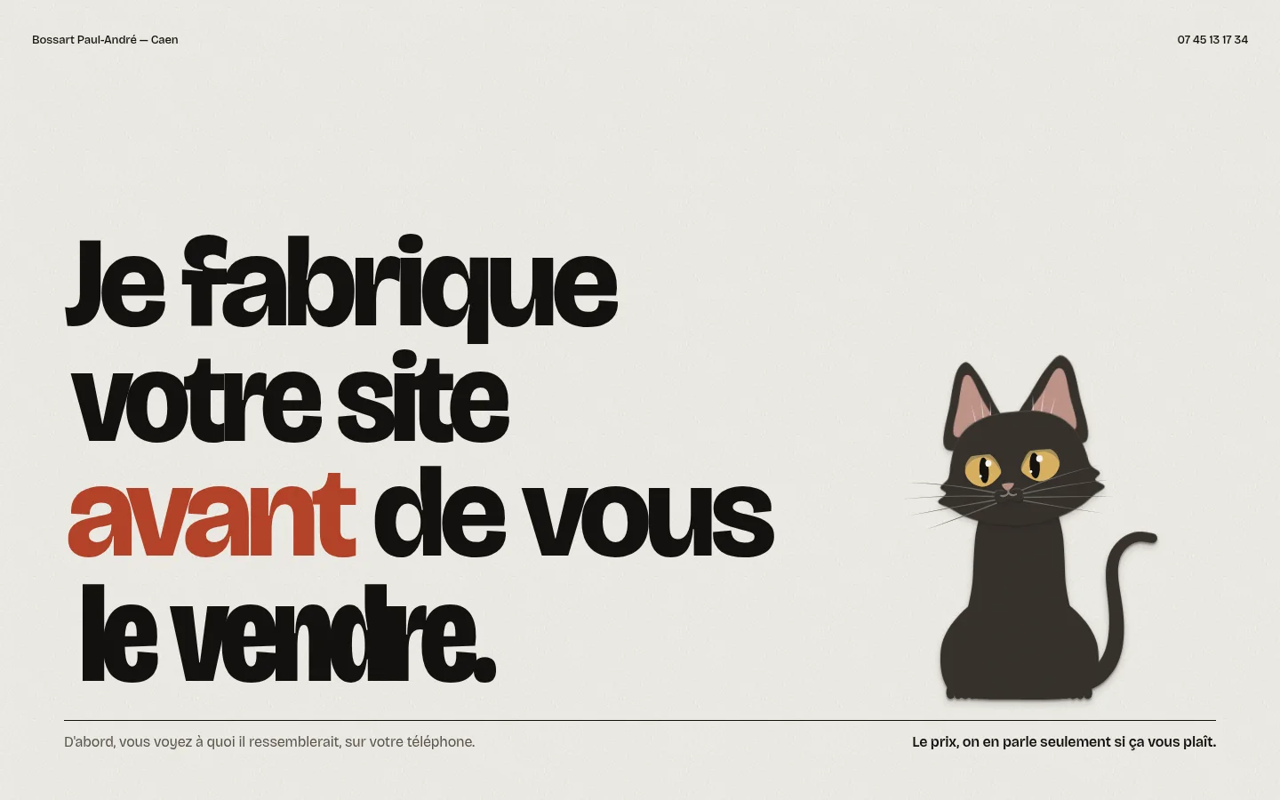 Le premier écran de bossartpa.com : « Je fabrique votre site avant de vous le vendre », et un chat noir en papier.